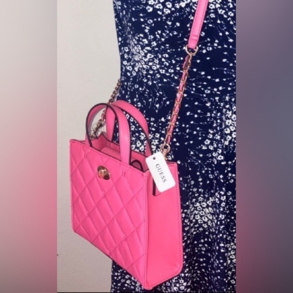 Guess Handbags - 🔥NWT RARE🔥 GUESS Silvana Barbie Pink Quilted Vegan Leather Mini Tote
